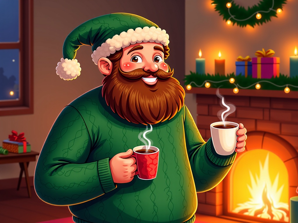  a cartoon illustration of a man with a long beard and mustache wearing a green sweater and a Santa hat. He is standing in front of a fireplace with a wreath hanging above it. The man is holding two cups of coffee in his hands and is smiling. There are several gift boxes and candles on the mantelpiece next to the fireplace. The room appears to be decorated for Christmas with a window and a Christmas tree in the background. The overall mood of the image is cheerful and festive.