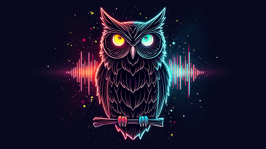 Geometric Harmony Owl: A stylized, minimalist owl constructed from sharp geometric lines and shapes, with soundwave patterns integrated into its structure or outline. The color scheme could be brightly contrasting or monochromatic with neon accents against an abstract, digital soundscape background.