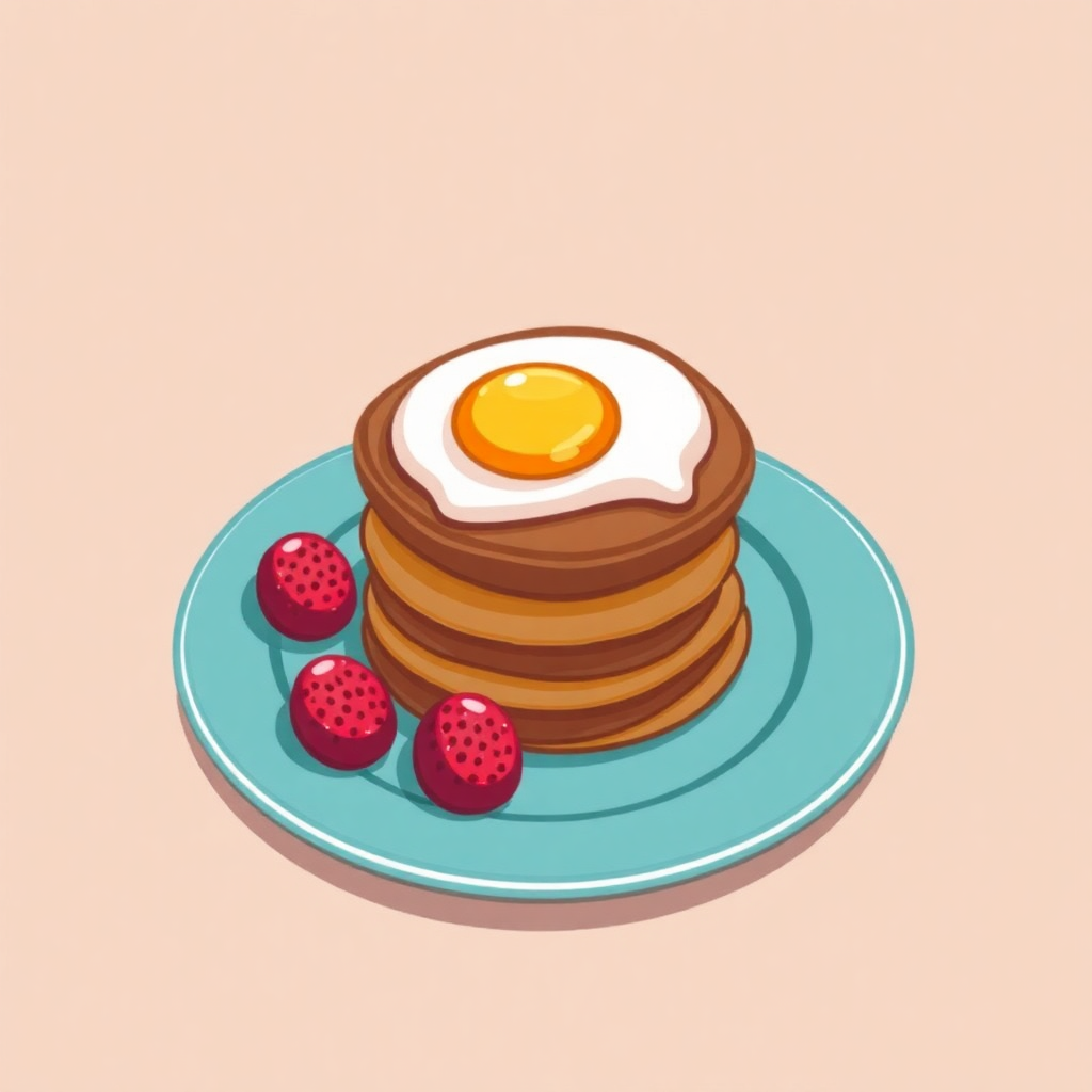 The image is an illustration of a stack of pancakes on a blue plate. The pancakes are golden brown and appear to be freshly made. On top of the stack, there is a fried egg with a yellow yolk. There are also three small red strawberries scattered around the plate, adding a pop of color to the image. The background is a light peach color.