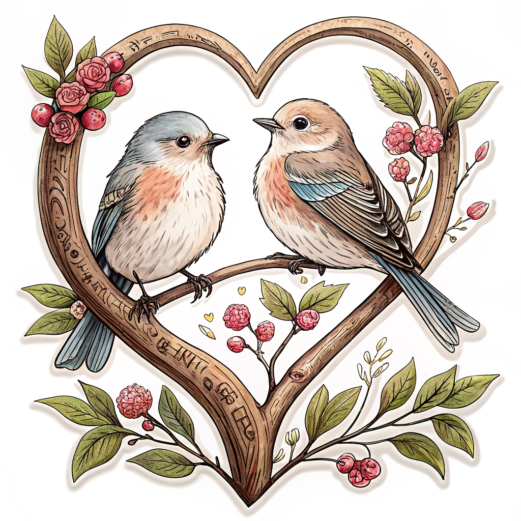 A pair of birds sitting on a branch shaped like a heart.