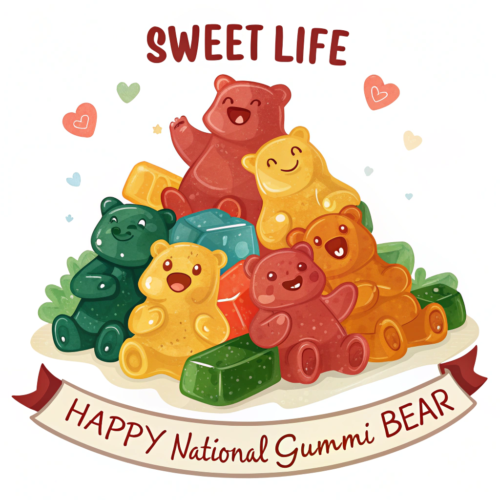 A sticker featuring a joyful pile of colourful gummi bears with the text 'Sweet Life' prominently displayed, and a banner saying 'Happy National Gummi Bear Day!'.