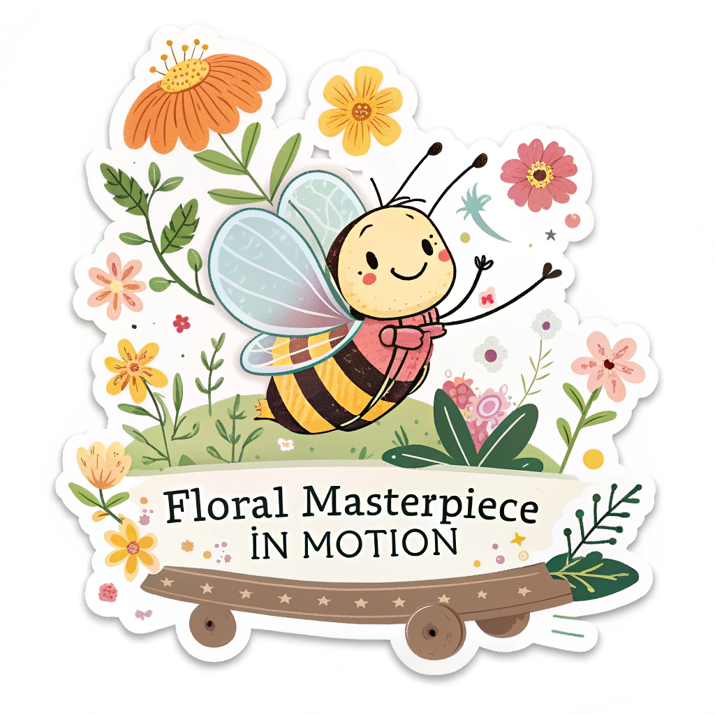 A whimsical design featuring a miniature, perfectly crafted floral float being 'driven' by a friendly cartoon bee or butterfly, emphasizing the natural beauty of the festival. Text: 'Floral Masterpiece in Motion'.