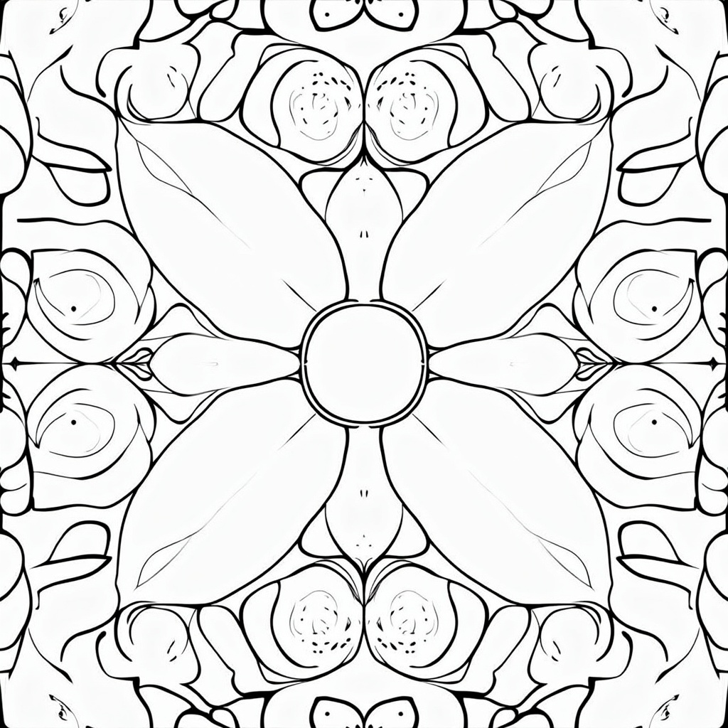 Designs mimicking the view through a kaleidoscope, featuring symmetrical arrangements of colorful (to-be-colored) gummy bear segments and other abstract shapes, forming complex, repeating patterns.