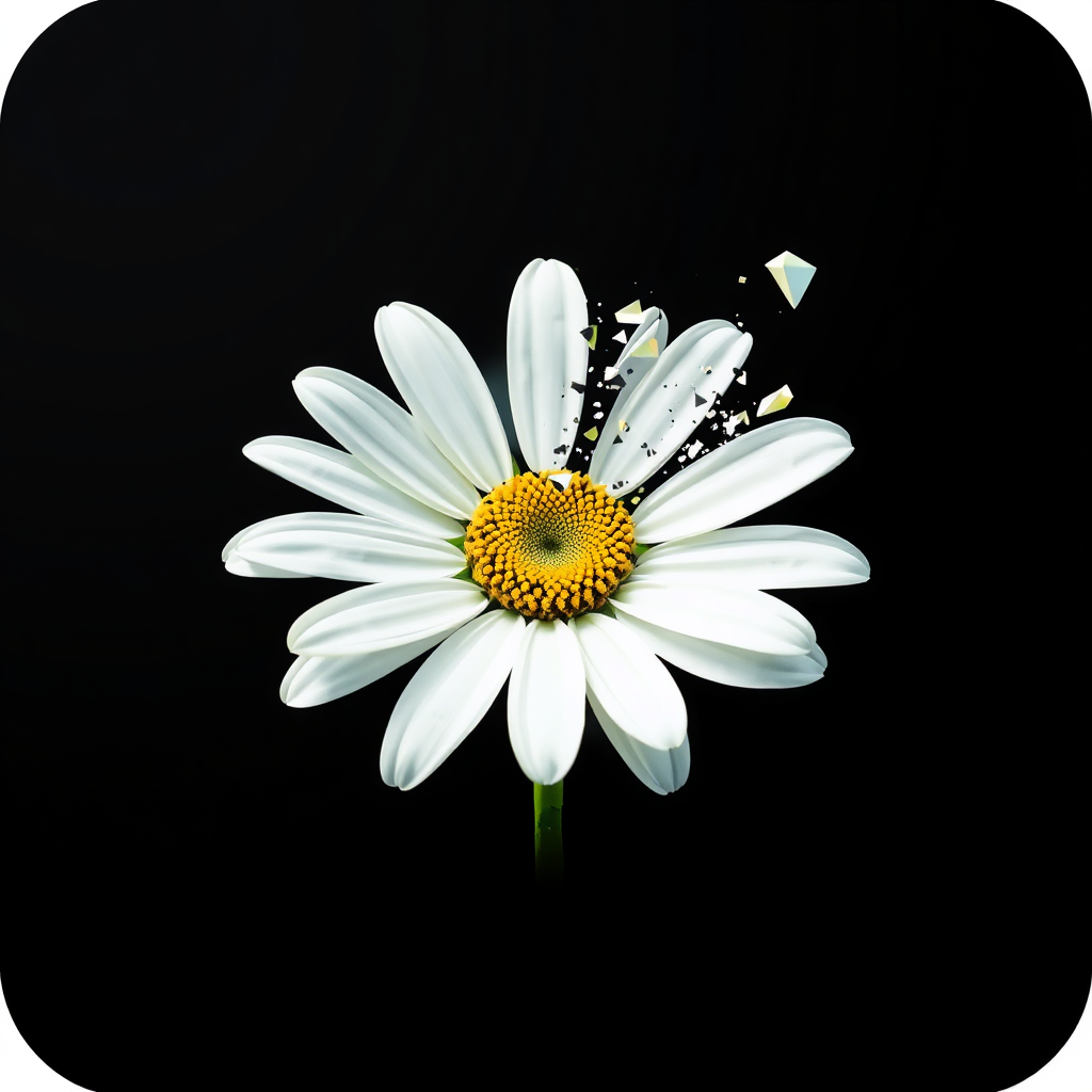 A daisy captured mid-transformation, either forming from or degrading into digital pixels and geometric fragments, representing a digital bloom.