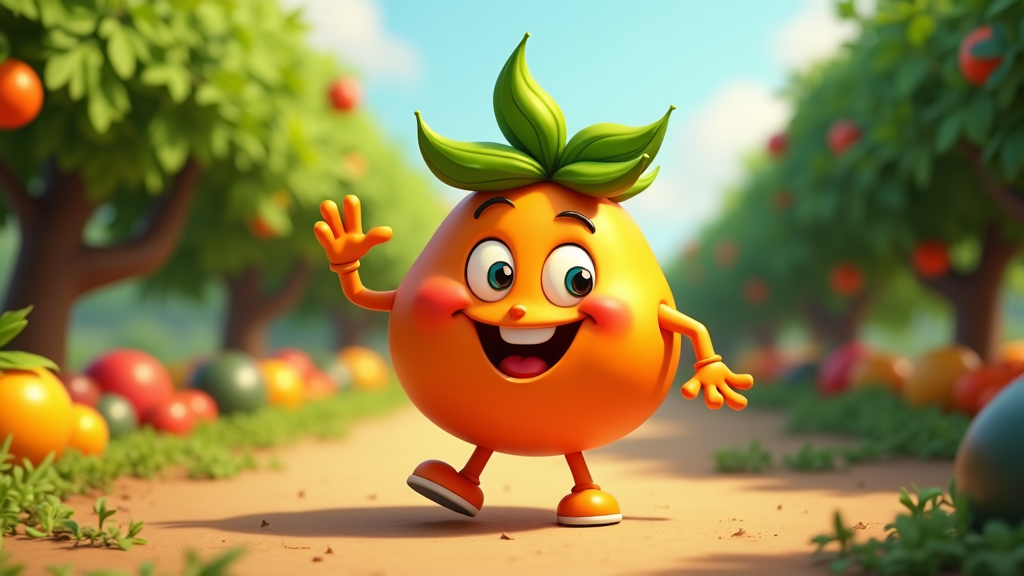 The image is a 3D rendering of a cartoon character in an orange orchard. The character is orange in color and has a big smile on its face. It has two green leaves on its head and two arms and legs. It is waving its left hand in a friendly gesture. The background shows rows of orange trees with ripe oranges hanging from their branches. The ground is covered in green grass and there are a few more oranges scattered around. The sky is blue and the overall mood of the image is cheerful and playful.