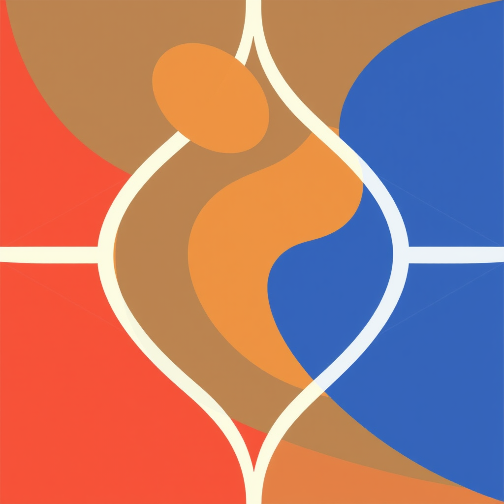 Sub-design 2: Figures highly abstracted into geometric shapes (lines, curves) that interlock to create a woven net pattern. Incorporate negative space effectively.