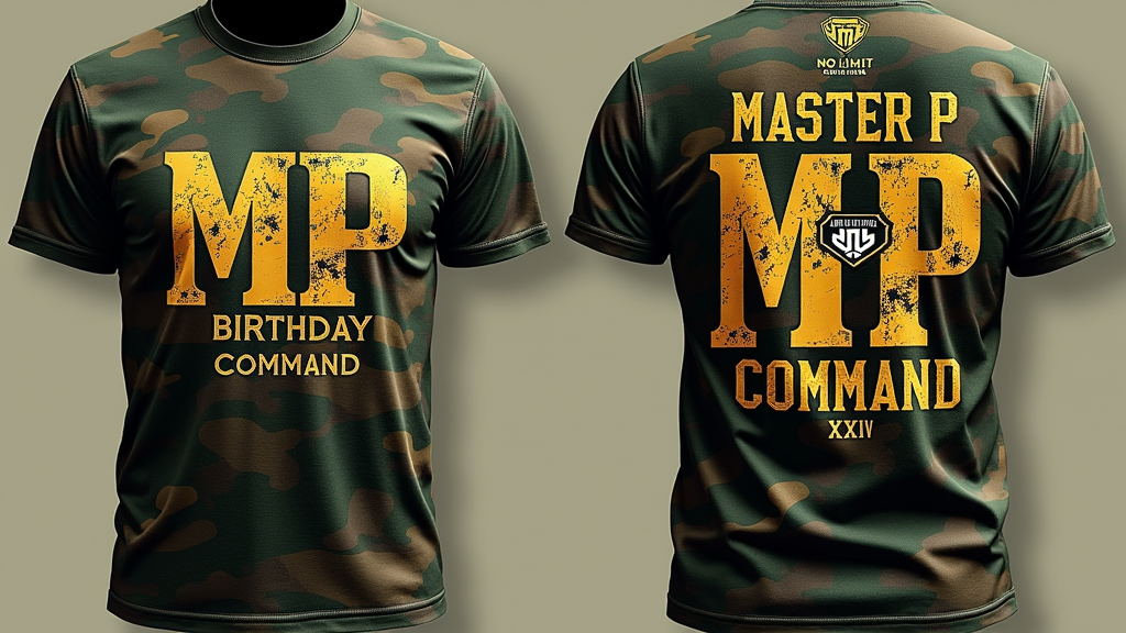 General P's B-Day Camo: A custom camouflage pattern incorporating Master P's initials ('MP'), the No Limit logo, and the birthday event year (e.g., 'XXIV'). Overlay 'Master P - Birthday Command' in a military stencil font. Include a graphic element like a 'Soldier Rank' patch.
