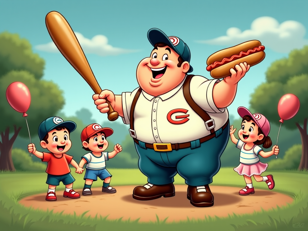 A humorous take: Babe Ruth joyfully interacting with kids, perhaps sharing a hot dog or demonstrating his swing. The style would remain vintage comic, but the tone would be more lighthearted, emphasizing his 'people's hero' aspect.