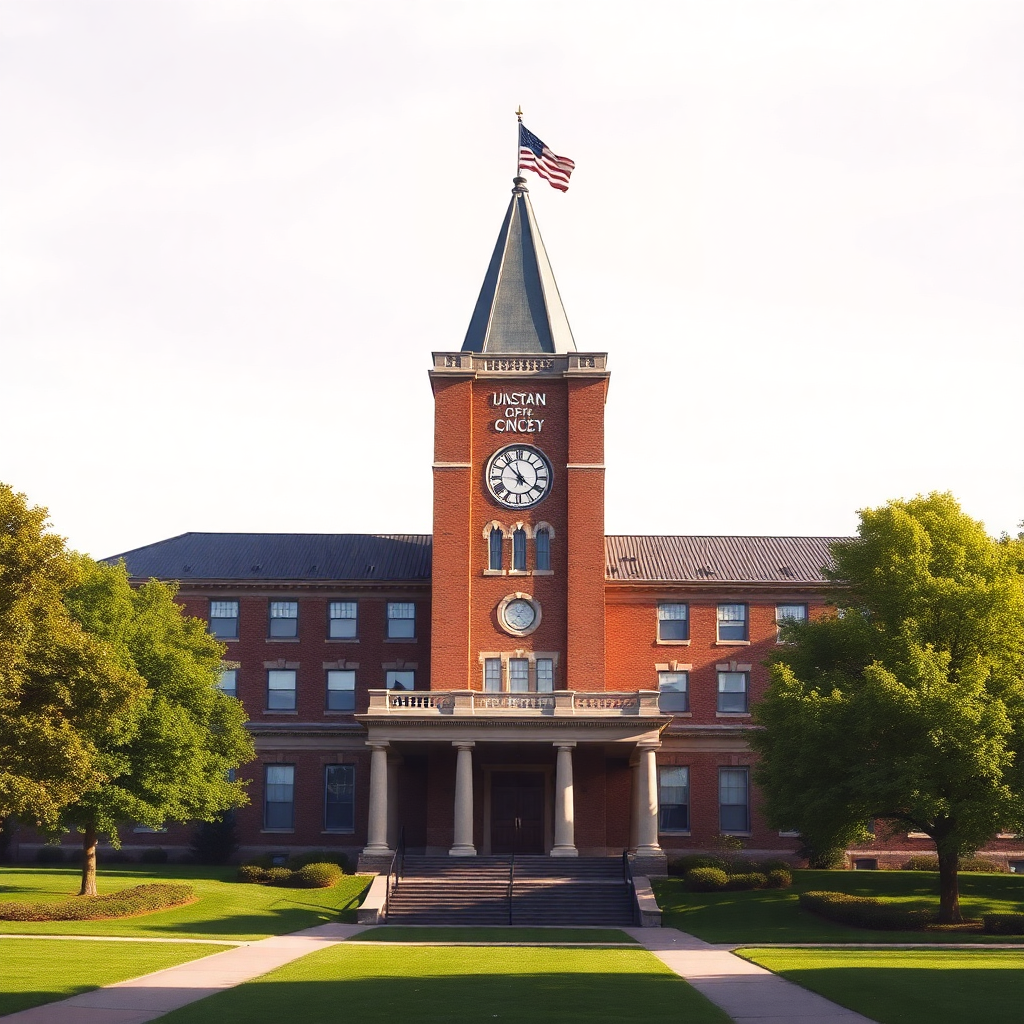  a large brick building with a clock tower on top. The building has a steeple with an American flag on top and a clock on the front. The clock tower has a clock face with the words United States of America written above it. Below the clock face, there is a staircase leading up to the entrance of the building. The sky is blue and there are trees on either side of the entrance. The ground is covered in green grass. The image appears to be taken on a sunny day.