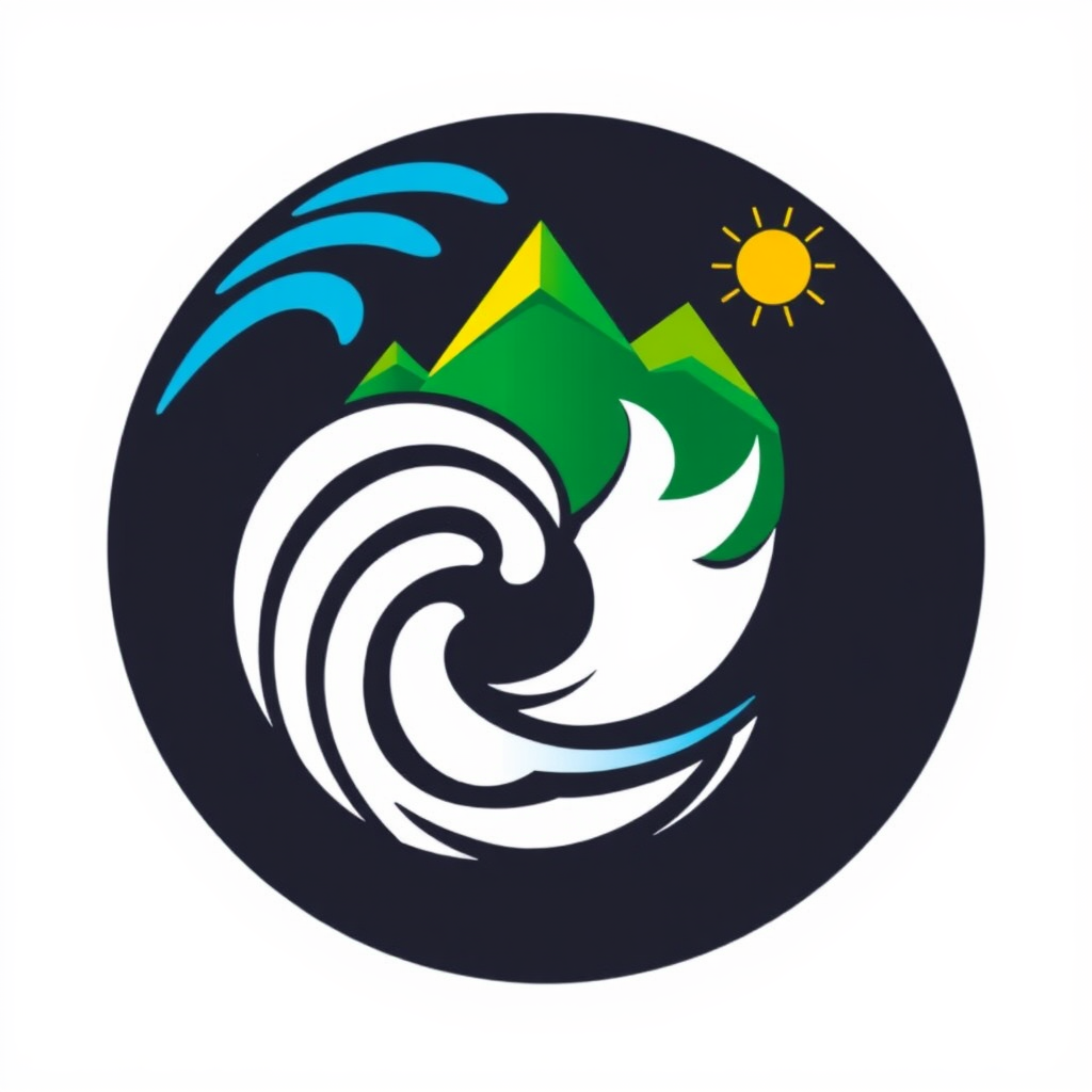 Elemental Convergence Logo: An emblem showing key elements – a blue wave (water), green mountain/leaf (earth/nature), white swirl (air), and yellow sun/spark (renewable energy) – visually converging towards a central point. This point forms a united global symbol representing cooperation in climate action.