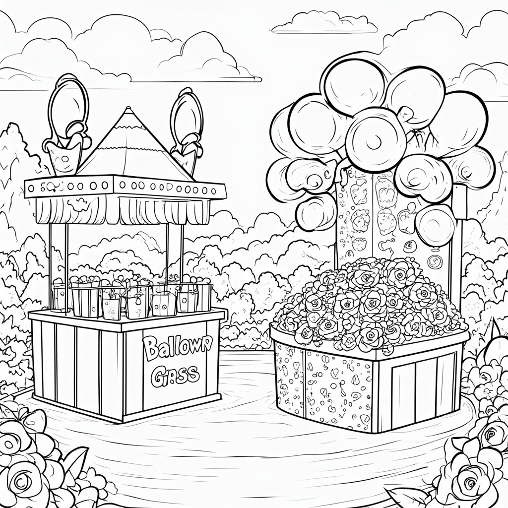 A vibrant depiction of midway games: a ring toss booth with rose-shaped pegs or rings, a balloon dart game with colorful rose-patterned balloons, and a prize booth overflowing with plush toys, giant roses, and festival souvenirs.