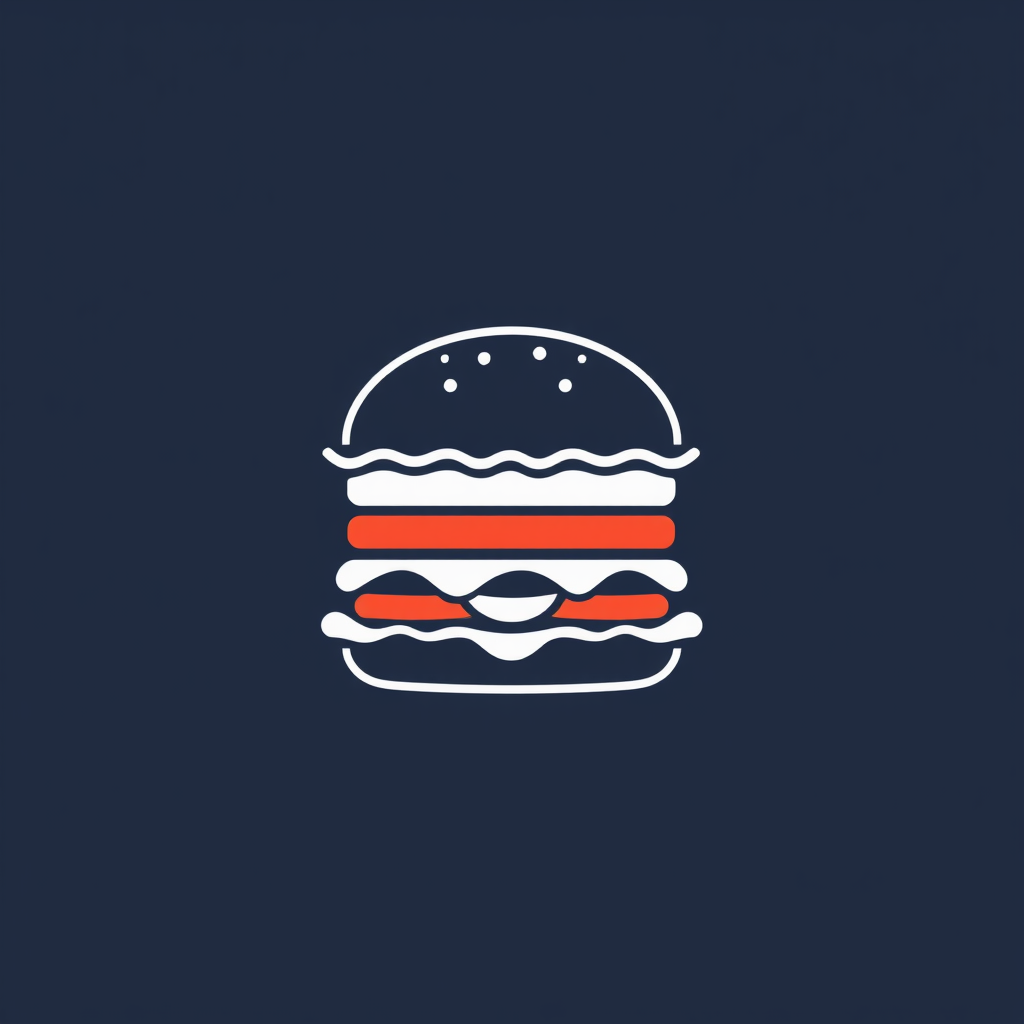 A monoline icon that has a playful, slightly tilted hamburger outline, showing the ingredients in a stacked way with clean lines. This design adds some dynamism and fun to the icon.