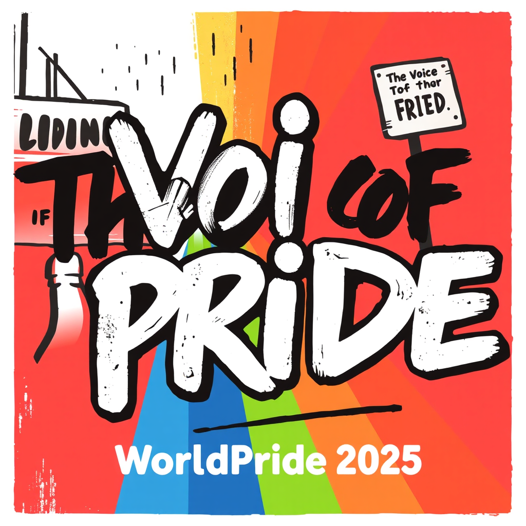 Protest Poster Aesthetic: Utilize bold, impactful typography reminiscent of activist posters and street art. Think strong sans-serifs, stencil fonts, or expressive handwritten styles for 'The Voice of Pride' to convey a powerful statement, with 'WorldPride 2025' presented in a clear, supporting typographic style.
