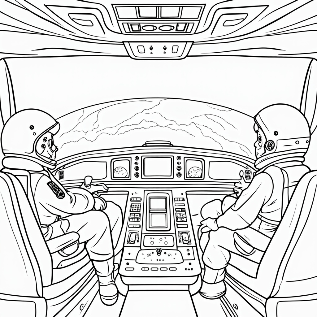 An interior view from the Starliner cockpit, where children can color the astronauts looking out a large window at the curved Earth below. The control panel can offer intricate details for coloring.