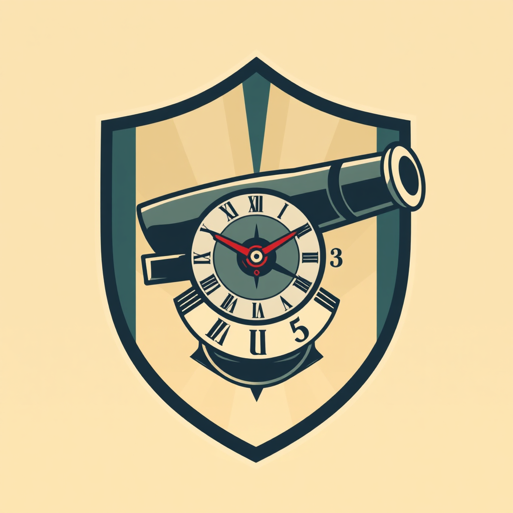 Geometric Cannon & Clock End Tribute: An Art Deco shield design where the classic Arsenal cannon is rendered with sharp, geometric precision. Integrate a stylized representation of the Highbury clock (Clock End) using Art Deco numerals and motifs, possibly intertwining with the cannon.