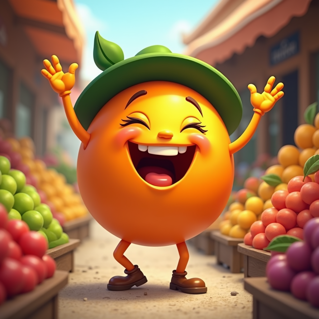 The image is a 3D rendering of a cartoon character in a fruit market. The character is orange in color and has a big smile on its face. It is wearing a green hat with a leaf on top and brown shoes. Its arms and legs are stretched out in front of it, as if it is dancing or waving. The background shows a row of colorful fruits on display, including apples, oranges, and grapes. The sky is blue and there are buildings in the distance.