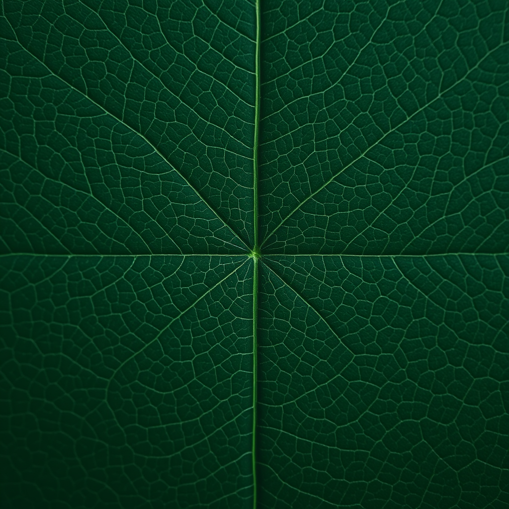 A minimalist plus-style (+) cross rendered in a deep forest green. The entire surface is finished with a very fine, almost imperceptible, debossed texture that mimics the delicate vein structure of a cannabis leaf.