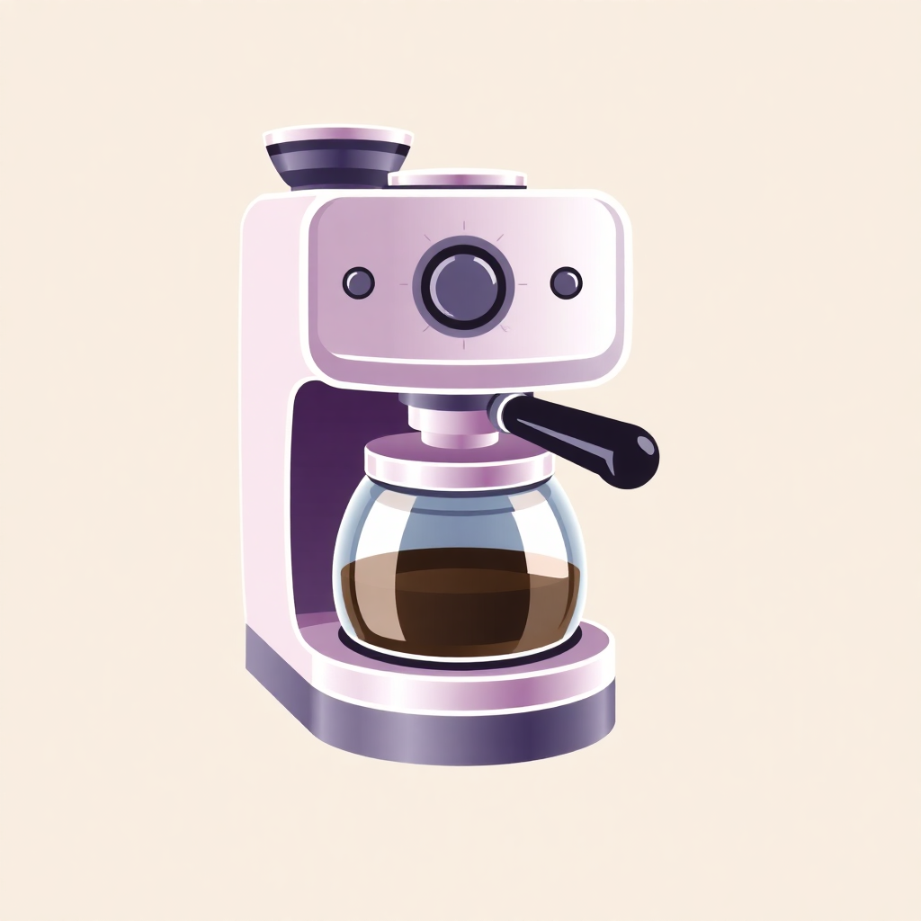 The image is an illustration of a coffee machine. It is a light pink color with a black handle on the right side. The machine has a round knob on the top and a small window on the left side. In front of the machine, there is a glass carafe with a dark brown liquid inside. The carafe is sitting on a purple base. The background is a plain beige color.