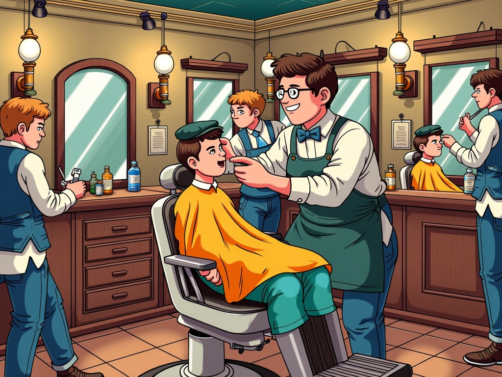  a barber shop with a young boy sitting in the barber chair. The barber is wearing a green apron and glasses and is holding a pair of scissors and a comb in his hand. He is smiling and appears to be giving the boy a haircut. There are other barber assistants standing around the chair, one of them is holding the boy's hair and the other is combing his hair. There is a young man standing on the left side of the image, looking at the boy with a smile on his face. On the right side, there is another young man sitting on a chair with his hair cut. In the background, there are mirrors and a counter with various barber tools and supplies. The overall atmosphere of the shop is cheerful and relaxed.