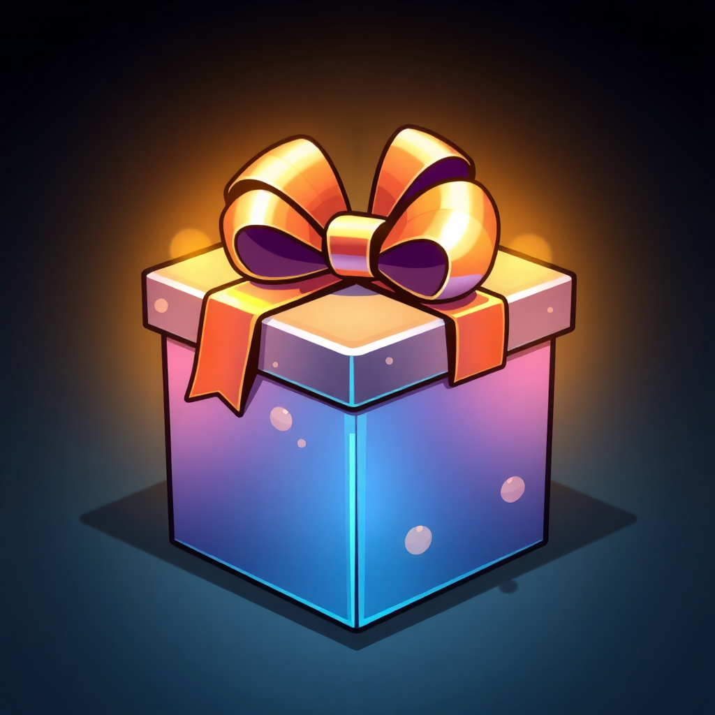 The image is a digital illustration of a gift box. The box is rectangular in shape and has a blue base with small white dots scattered throughout. On top of the box, there is a large orange ribbon tied in a bow. The ribbon appears to be shiny and shiny. The background is dark, making the box stand out. The overall color scheme of the image is bright and vibrant.