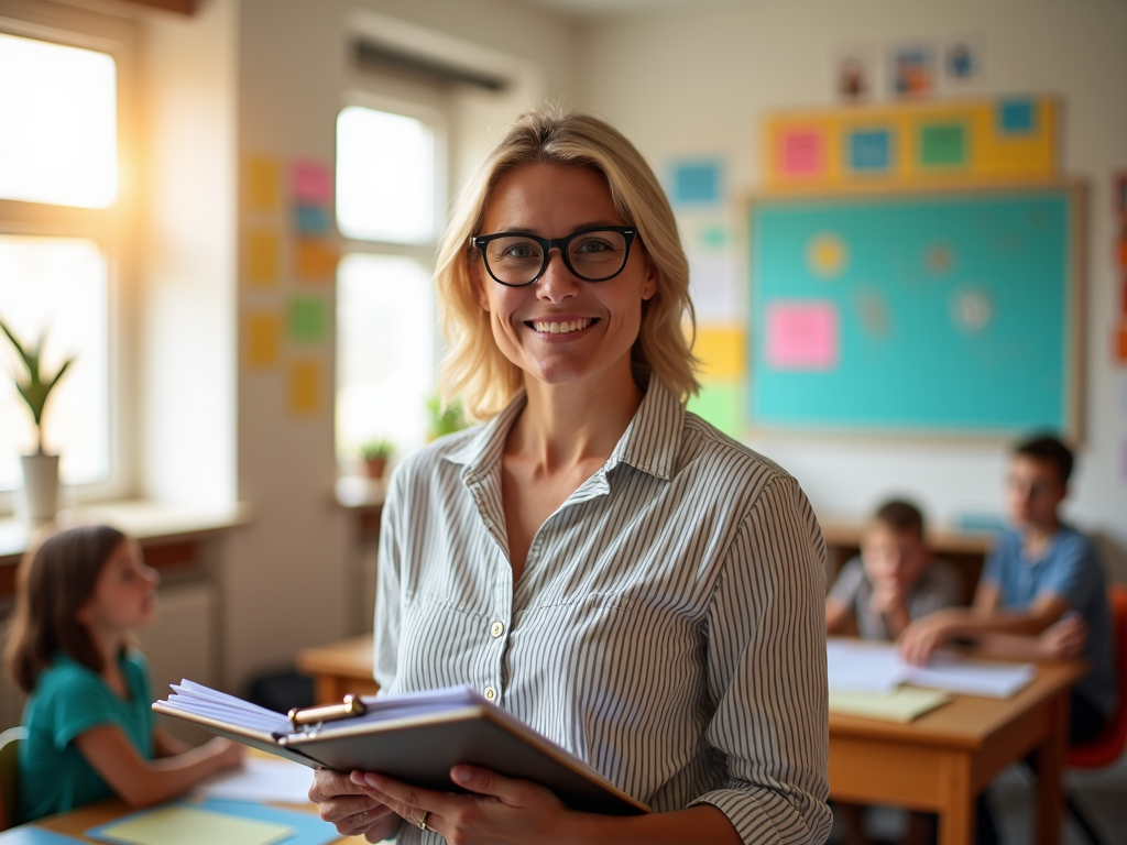 A middle-aged female teacher stands confidently in a bright classroom, holding a clipboard filled with papers. She wears a striped blouse and glasses. Various colorful educational posters adorn the walls, and sunlight streams in through large windows, casting a warm glow.