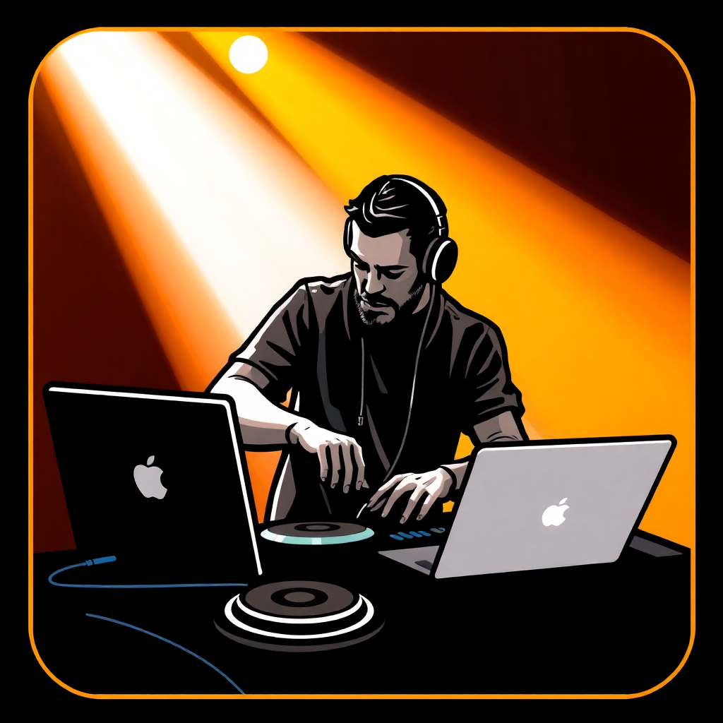  a DJ in front of two laptops. The DJ is wearing a black shirt and has a beard. He is wearing headphones and appears to be focused on his work. The laptops are silver and have the Apple logo on them. The background is orange with a spotlight shining down on the DJ. The image is in a square shape with a black border.