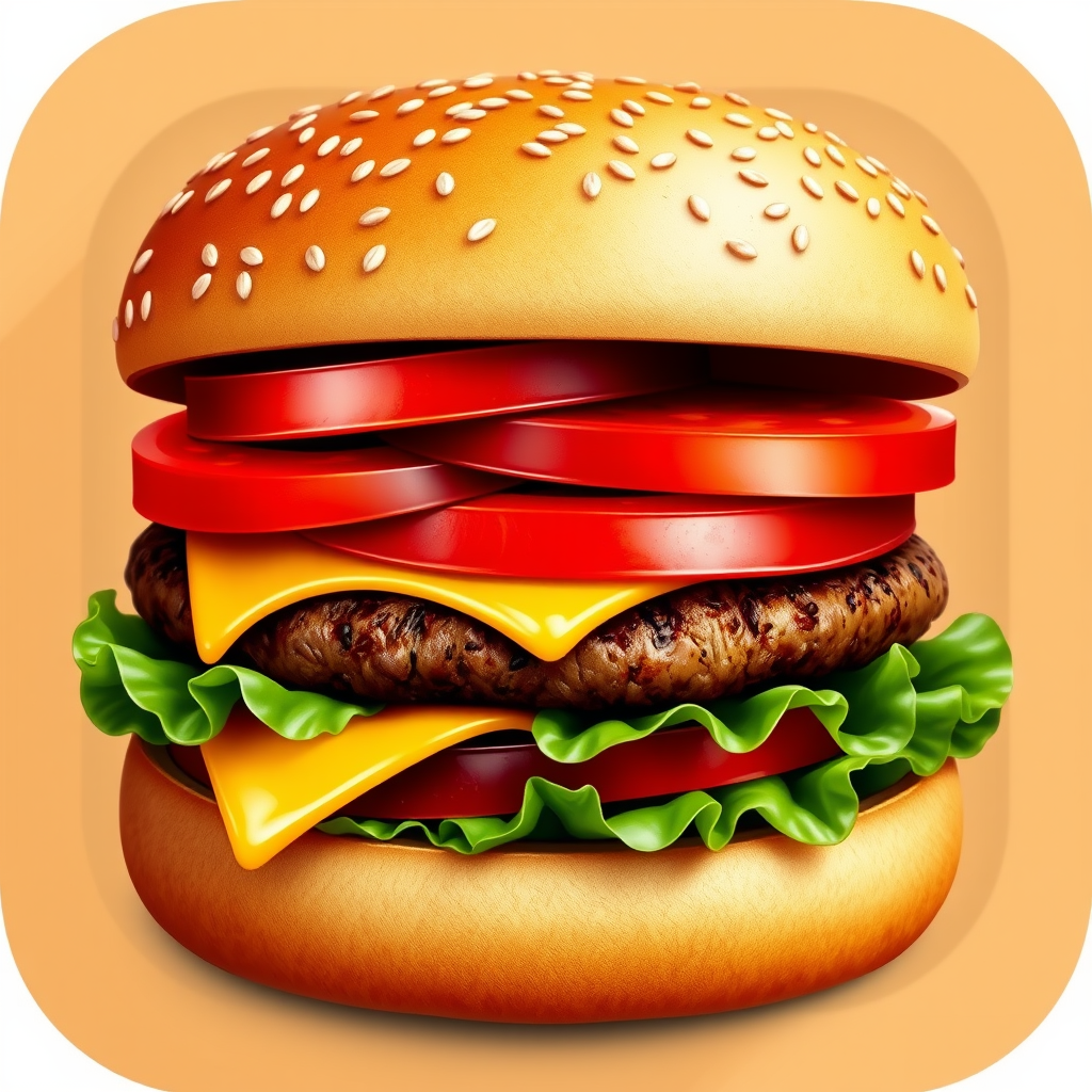 A detailed, realistic depiction of a hamburger, including visible layers like a sesame seed bun, juicy patty, melting cheese, crisp lettuce, and ripe tomato.