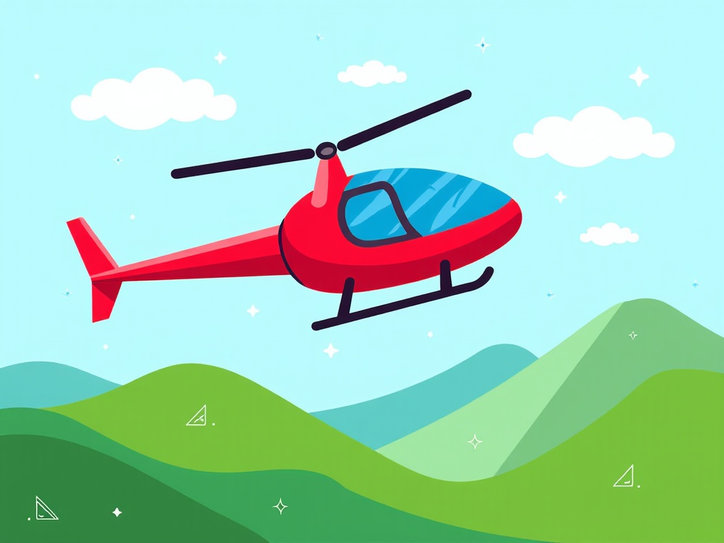 The image is an illustration of a red helicopter flying over a green landscape. The helicopter is in the center of the image, with its body facing towards the right side of the frame. It has a pointed nose and two propellers on either side. The background is a light blue sky with white clouds scattered across it. The landscape below is a mix of green hills and valleys, with a few white triangles scattered throughout. The overall color scheme is bright and vibrant, with shades of blue, green, and yellow.