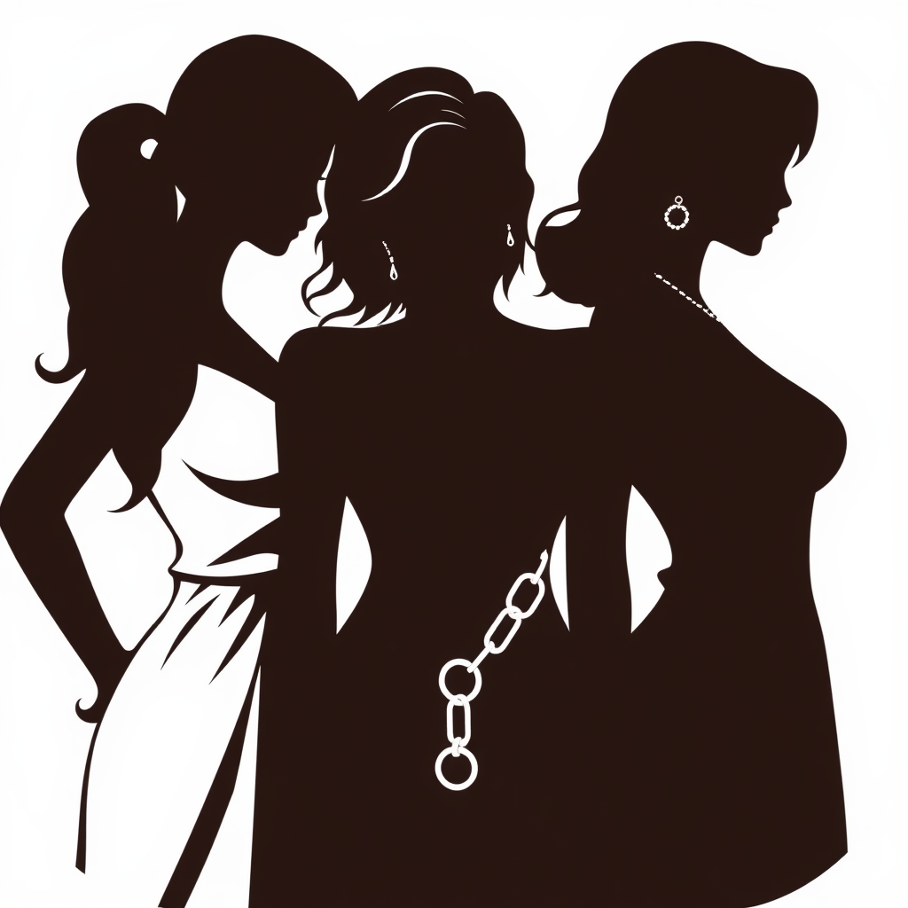Three women silhouettes standing shoulder to shoulder, the middle one breaking chains.
