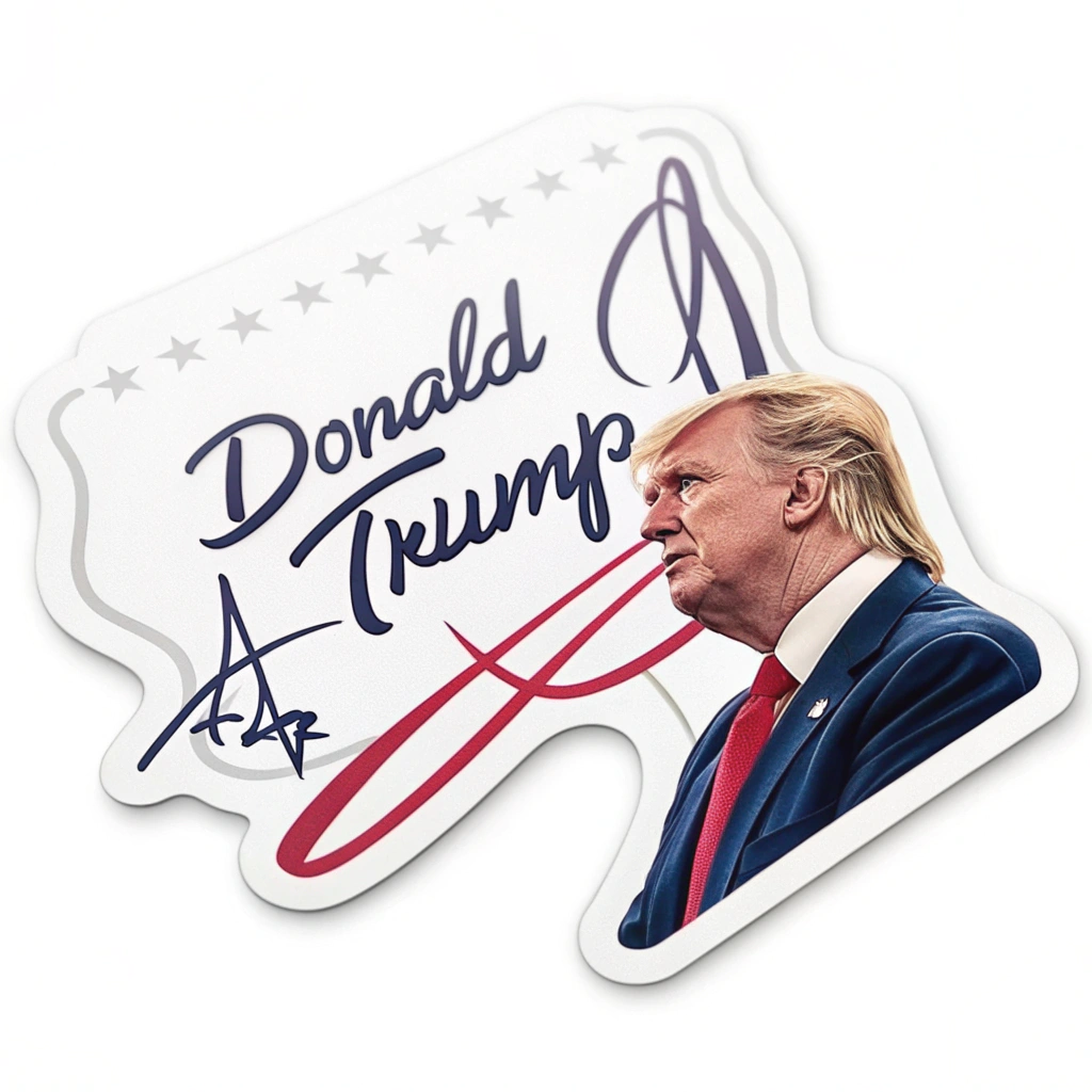 A die-cut sticker of Trump's signature, allowing the background color to show through.