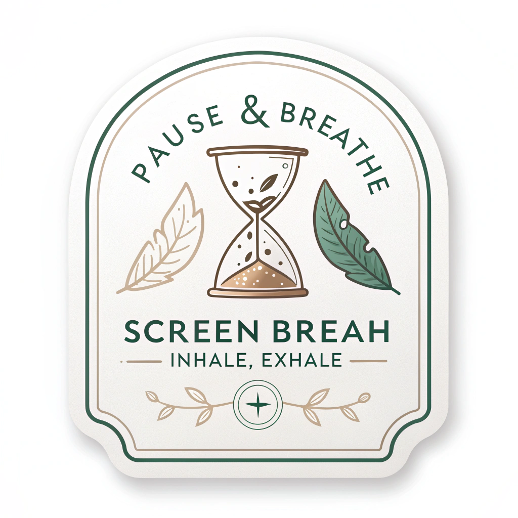 Sub-design idea 1: 'Pause & Breathe' Sticker - Features a minimalist hourglass or a digital clock showing '00:00' with a small leaf or feather icon. Text: 'Screen Break: Inhale, Exhale'.