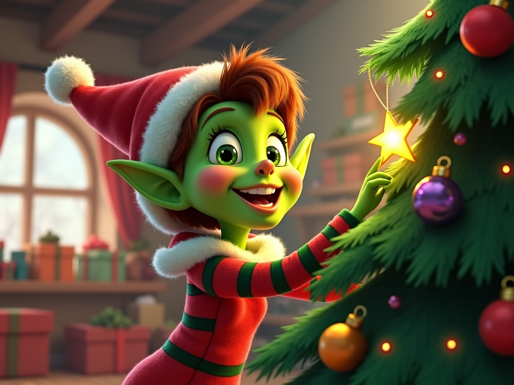  a cartoon elf standing in front of a Christmas tree. The elf is wearing a red and green striped outfit with a white Santa hat and has a big smile on its face. It is holding a gold star in its right hand and is looking up at it with a curious expression. The tree is decorated with colorful ornaments and lights. In the background, there is a window with red curtains and a shelf with presents. The overall mood of the image is festive and cheerful.