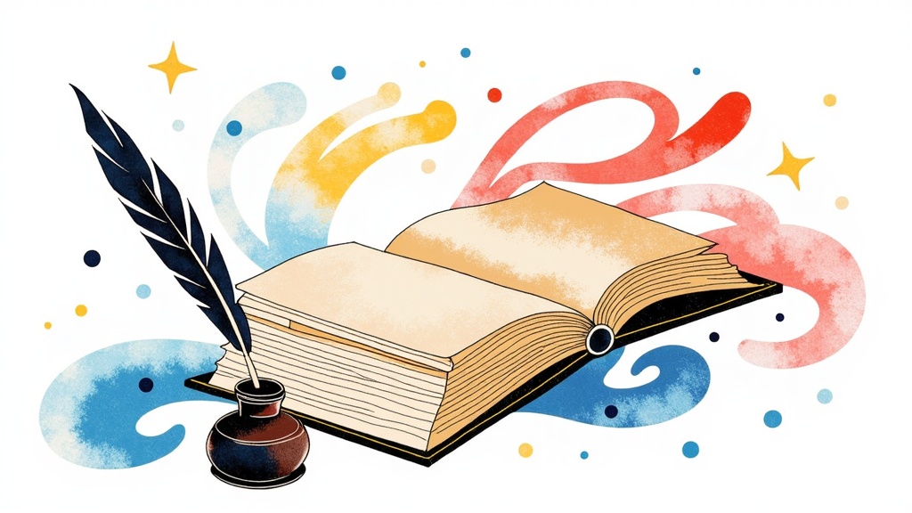 An abstract composition where the shapes of the quill, inkwell, and book merge or overlap. Use flowing lines and perhaps watercolor textures to represent the fluid nature of poetry.