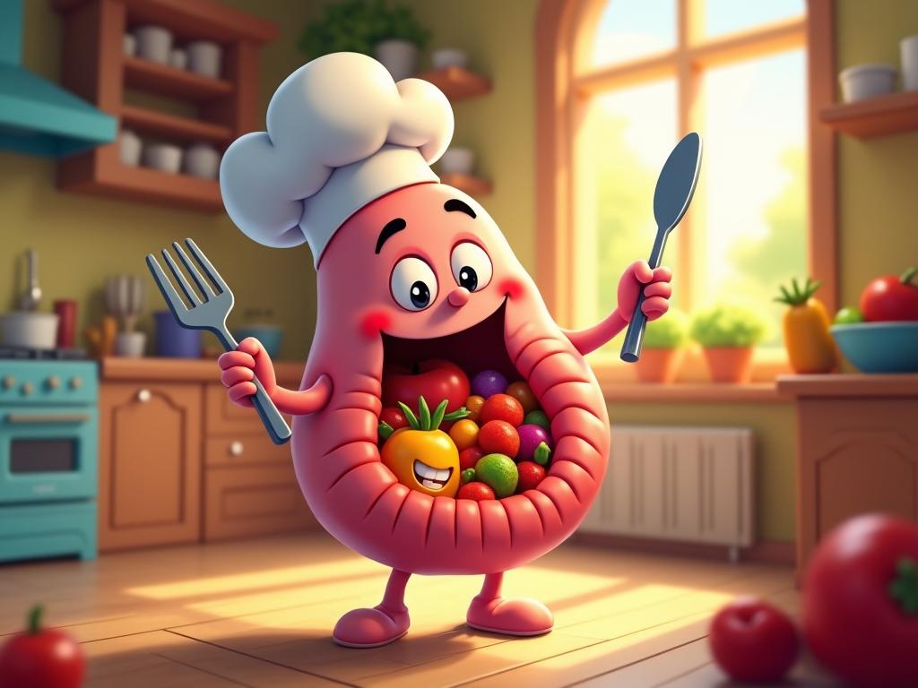 The image shows a cartoon character in a chef's hat holding a fork and knife in a kitchen. The kitchen is filled with various items, including tomatoes on the floor, a stove, a chimney, a microwave oven, utensils on the cabinet, houseplants, a window, and shelves with cups and other objects. The image is animated, giving it a lively and vibrant feel.