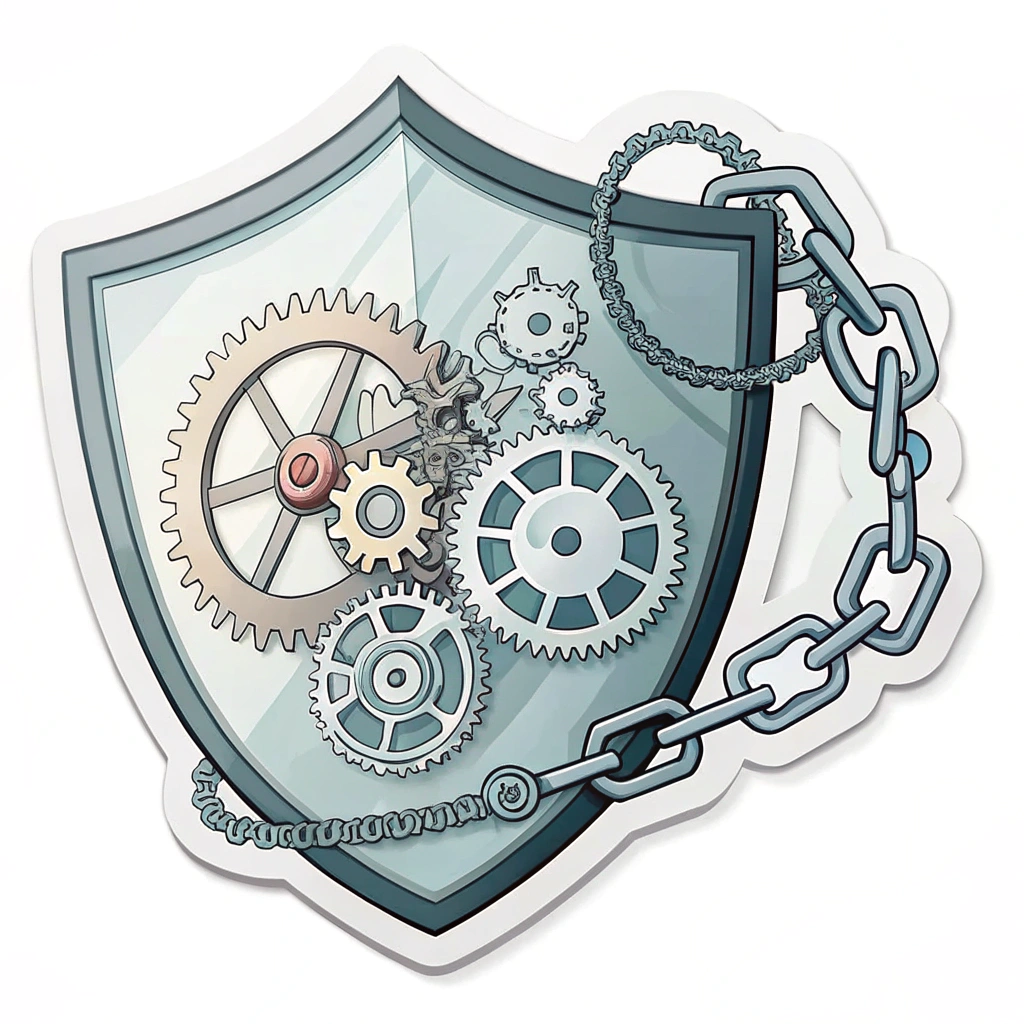 A shield with a transparent front, revealing complex, secure-looking gears and mechanisms working inside, symbolizing the inner workings of password protection. A small, unbreakable chain could be draped over one side of the shield.