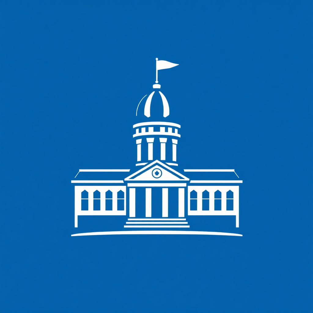 The image is a square icon with a blue background. In the center of the icon, there is a white illustration of a building with a dome and a flag on top. The building appears to be a government building with columns and a clock on the front facade. The flag is flying on the top of the dome. The overall design is simple and minimalistic.