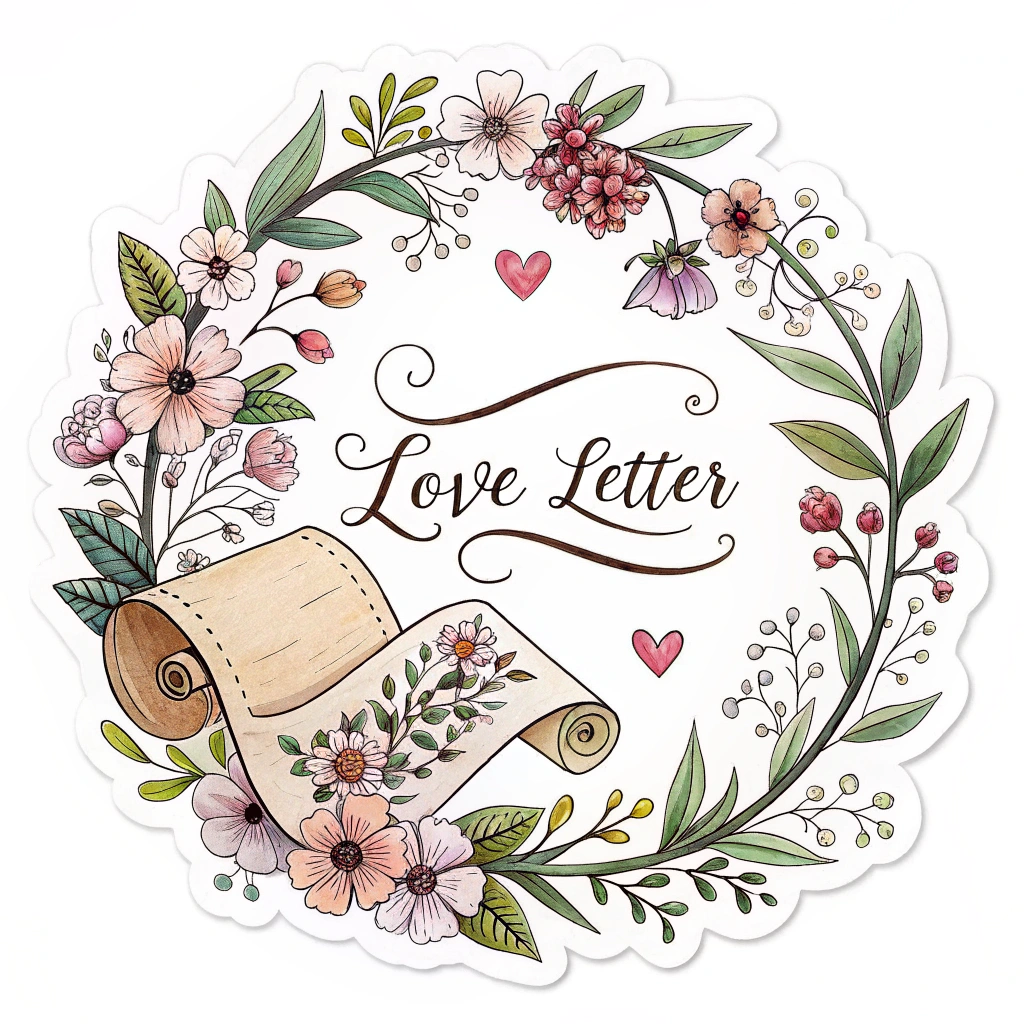 A sticker featuring a floral wreath surrounding a small love letter or scroll, with an old-fashioned, romantic aesthetic.