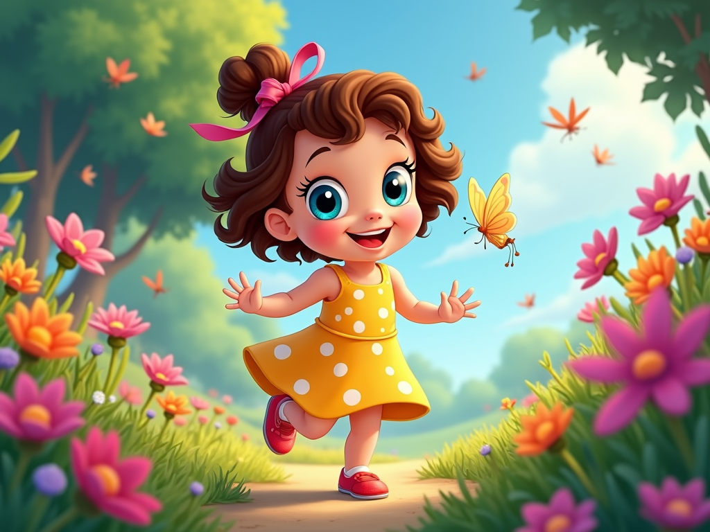 The image is a digital illustration of a cute little girl with curly brown hair and blue eyes. She is wearing a yellow dress with white polka dots and red shoes. She has a pink bow in her hair and is standing on a path in a garden with colorful flowers and trees. The girl is smiling and has her arms stretched out to the sides, as if she is dancing or interacting with a butterfly. The background is a blue sky with white clouds and there are orange and yellow butterflies flying around. The overall mood of the image is cheerful and playful.