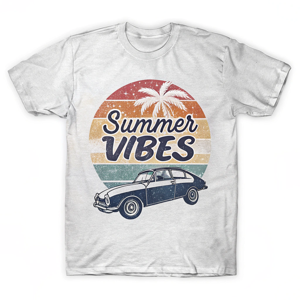 The image is of a light grey t-shirt with a graphic design on the front. The design features a retro car with a palm tree on top and the words Summer Vibes written in a cursive font above it. The background of the design is a rainbow-colored circle with a red, orange, yellow, and blue gradient. The overall design has a vintage feel to it.