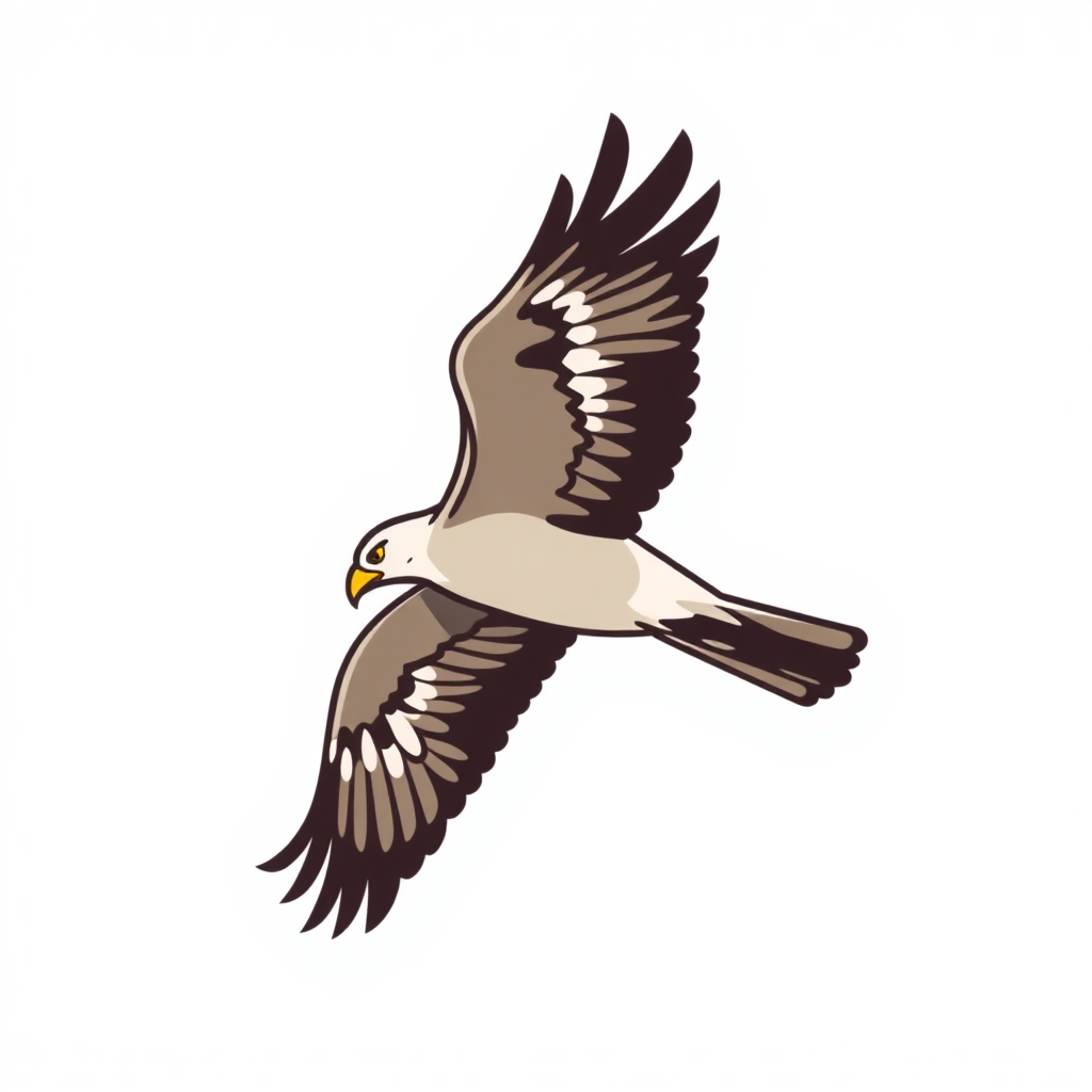 The image is a digital illustration of a bird in flight. The bird appears to be a seagull, with its wings spread wide and its head turned towards the right side of the image. It has a white body with a black head and neck, and a yellow beak. Its wings are spread wide, and its tail feathers are fanned out behind it. The background is plain white, making the bird stand out. The illustration is simple and cartoon-like, with no shading or shading.