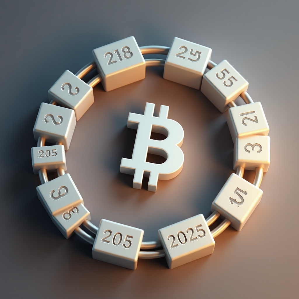Concept 5: A stylized representation of a blockchain, where individual blocks are subtly shaped or engraved with parts of '2025'. The entire chain could loosely form the shape of a 'B' or encircle a central, clean Bitcoin symbol. Style: 3D perspective, showcasing interconnectedness and growth.