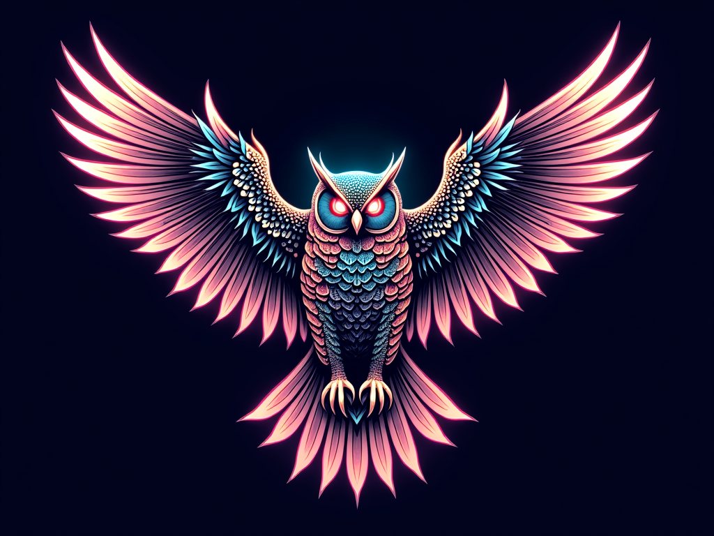 Geometric Fusion: A Kinetic Owl designed with sharp, angular shapes. Daisy petal patterns are integrated into its wings and body geometry. Features vibrant neon outlines on a dark t-shirt base.