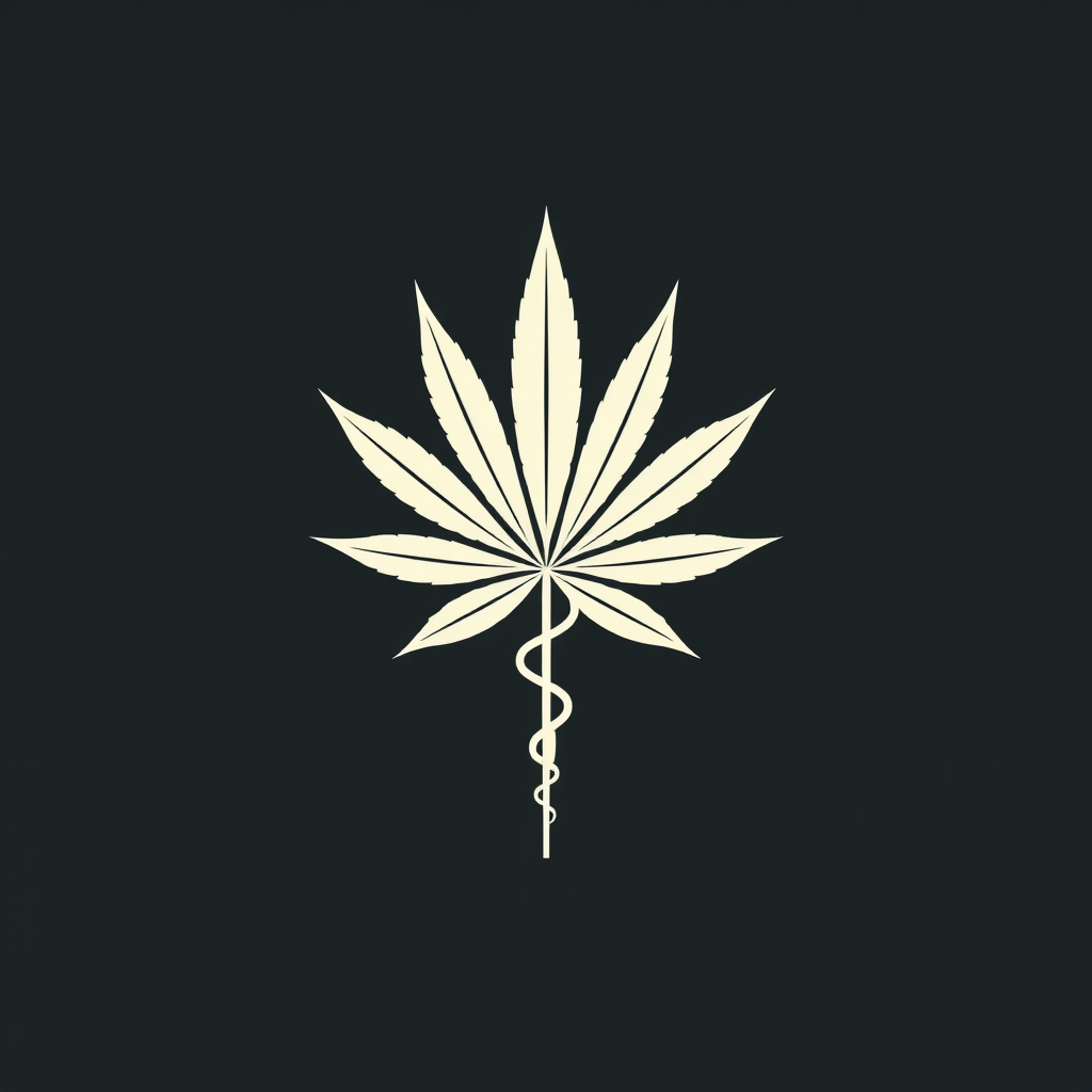Minimalist icon: A single, strong geometric cannabis leaf silhouette, with its stem subtly incorporating one or two simplified elements of the caduceus (e.g., a horizontal line for wings or two small intertwining lines).