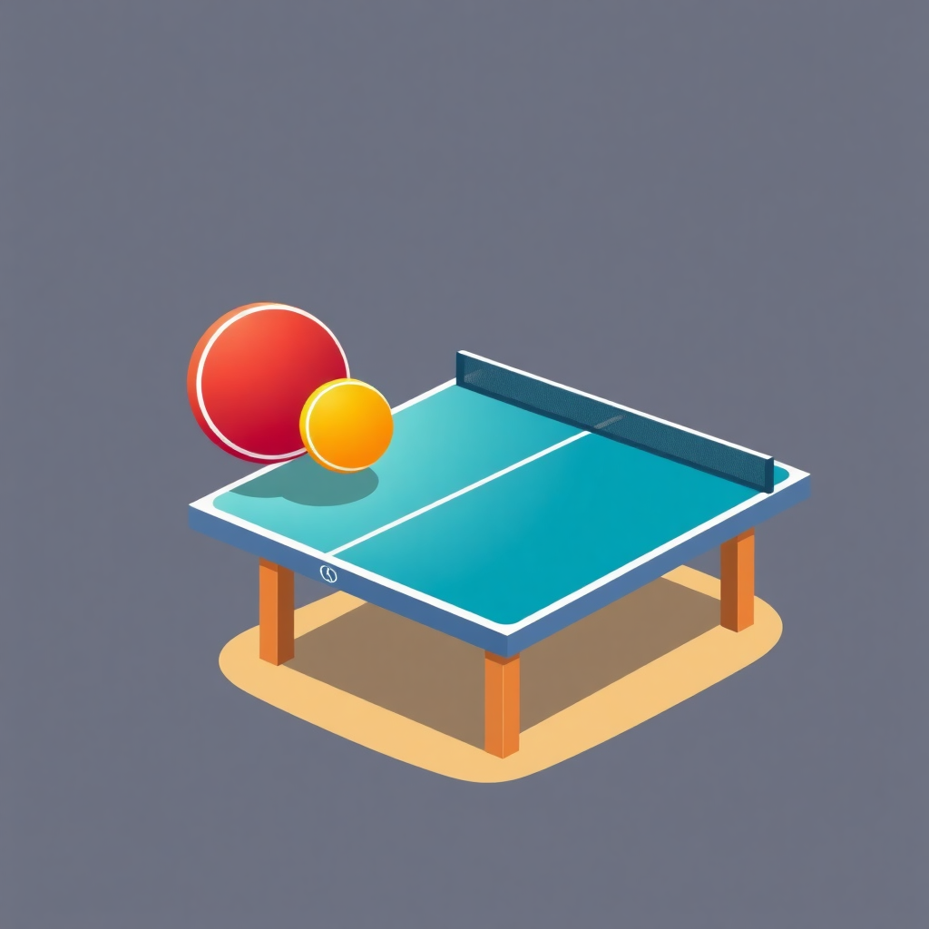 The image is an isometric illustration of a ping pong table. The table is blue in color and has a net on the right side. On the left side of the table, there is a red ping-pong ball and a yellow ball. The background is a light grey color. The image is in a flat, cartoon-like style.