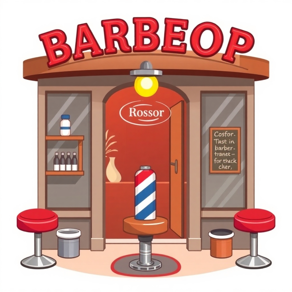 The image is an illustration of a barber shop named Barbeop with the name Rossor written in red letters above the entrance. The shop has a red door with a sign that reads Cosmetology and a shelf with bottles of shampoo and conditioner on the left side. On the right side of the entrance, there is a barbershop counter with a red and white striped barber chair and two red stools. There is also a sign on the wall that says COSMETIC and Tastes for the barber. The overall color scheme of the shop is red, white, and blue.