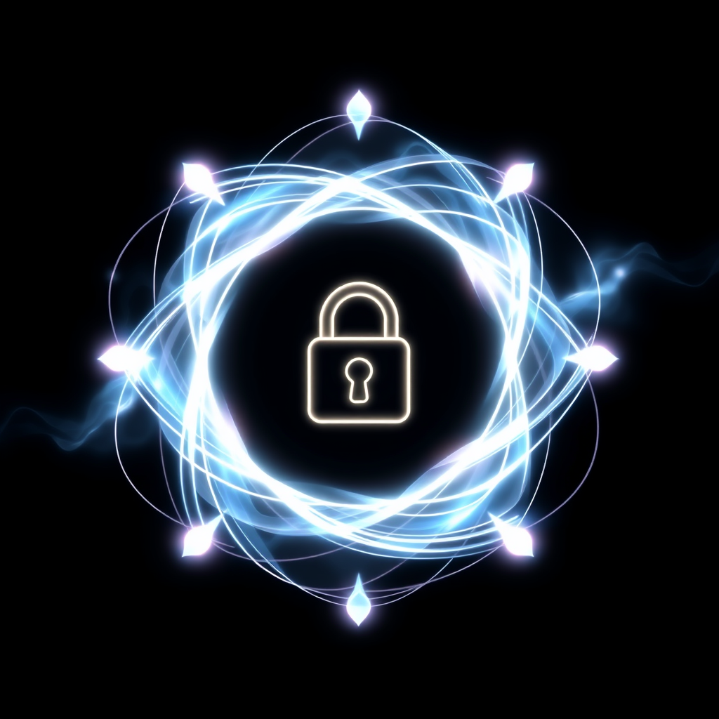 Sub-Design Idea 5: An encapsulating energy barrier formed by interwoven lines of light or flowing energy currents, creating a spherical or shield-like shape around a central, simple data/lock icon. The barrier has a dynamic, almost liquid appearance.