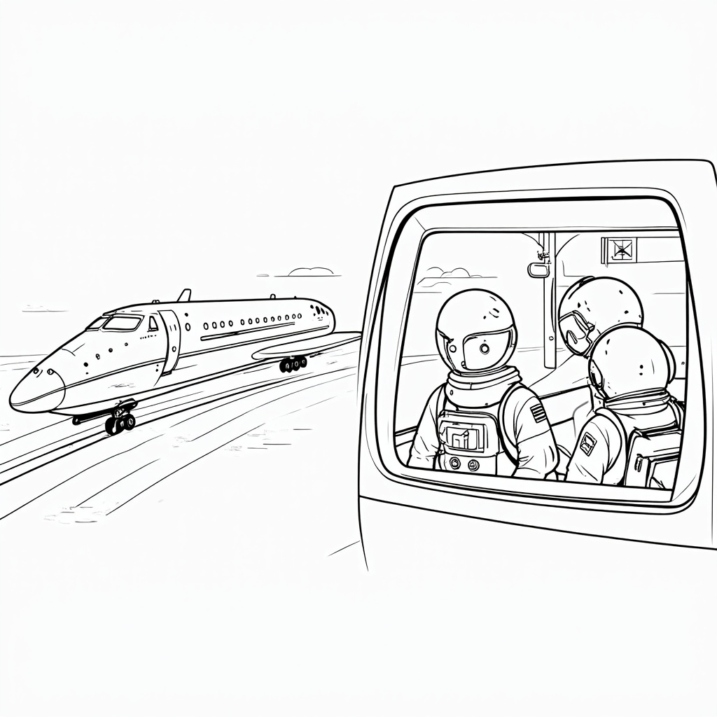 Coloring Page: A split-view page. One half shows the exterior of the Starliner slowly nearing the ISS. The other half shows a simplified cutaway of astronauts inside the Starliner looking through a window at the approaching station.