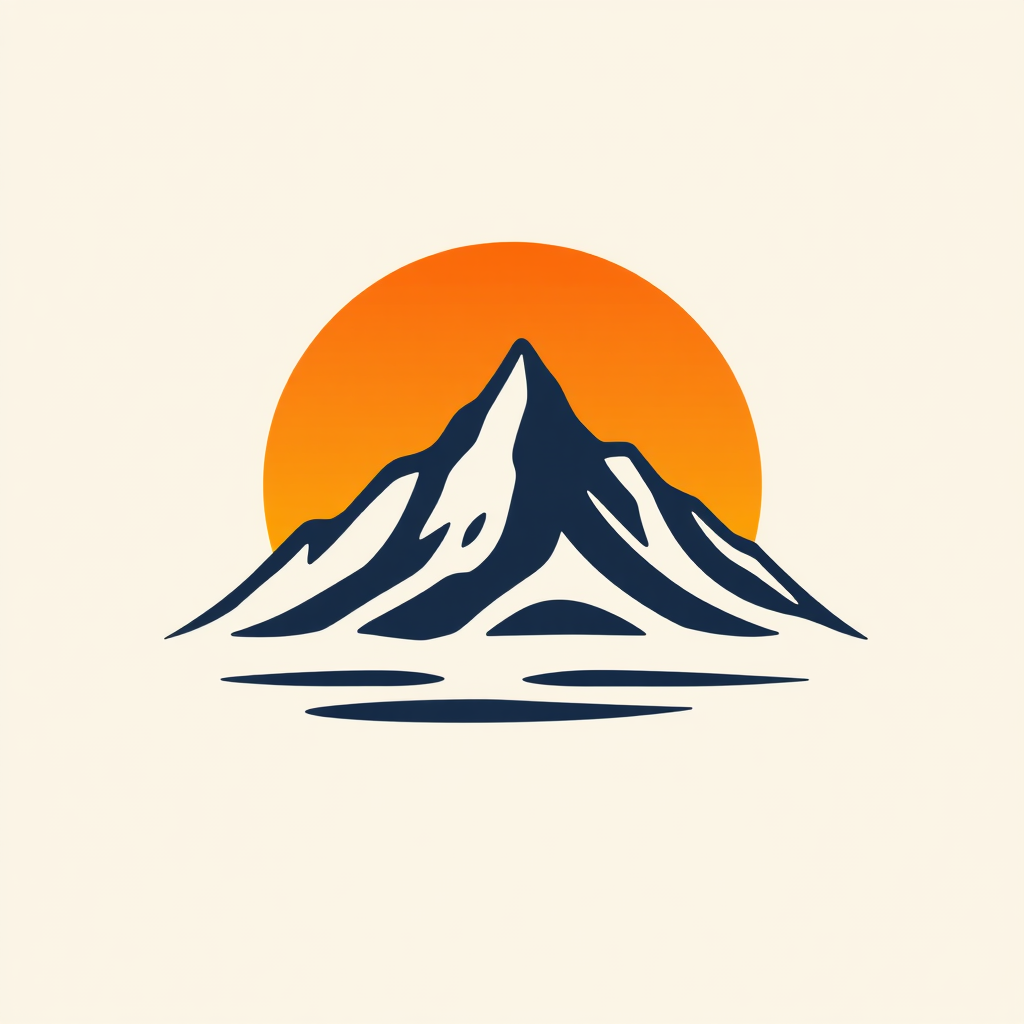 A logo design of a mountain with a rising sun or a crescent moon behind it. Could be with soft rounded shapes.