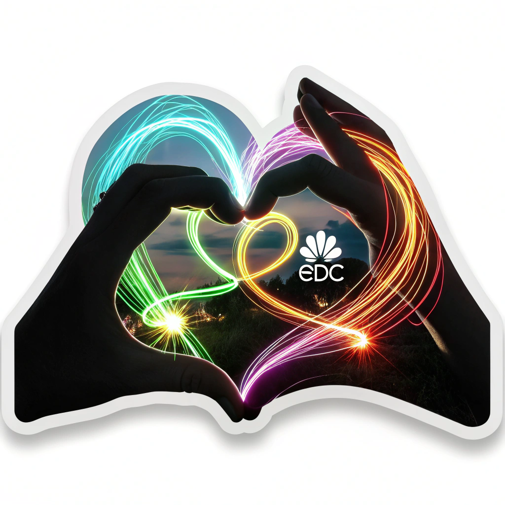 Heart hands made of glowing light trails, as if captured in a long-exposure photo at EDC. Each light trail could be a different color. The EDC daisy logo is subtly placed within the palm of one of the hands.