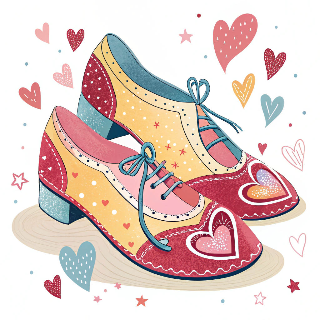 A sticker with a pair of dancing shoes with hearts on them